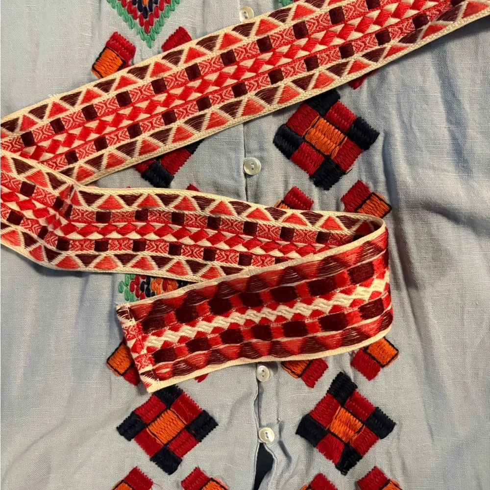 Embroidered Light Blue TRF Dress with Red and Orange Accents - Picture 4 of 9